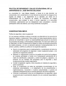 POLITICA DE SEGURIDAD Y SALUD OCUPACIONAL DE LA UNIVERSIDAD Dr. JOSE MATÍAS DELGADO