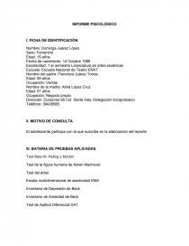 INFORME PSICOLÓGICO - ADOLESCENCIA. - Prácticas o problemas - Saraere