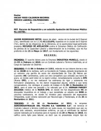 RECURSO DE APELACION CONTRA DICTAMEN DE CALIFICACION DE PERDIDAD DE  CAPACIDAD LABORAL POSITIVA ARL - Tareas - jemacaco2008