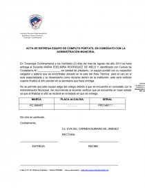 ACTA DE ENTREGA EQUIPO DE COMPUTO PORTATIL EN COMODATO CON LA  ADMINISTRACION MUNICIPAL - Informes - Angeelica_