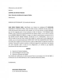 Carta espacio publico villavicencio DERECHO DE PETICION ART. 23  Constitución Nacional - Tareas - Alba Parada