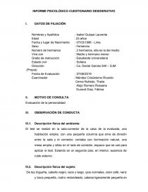 INFORME PSICOLÓGICO CUESTIONARIO DESIDERATIVO - Trabajos - Xiomara Cabrera