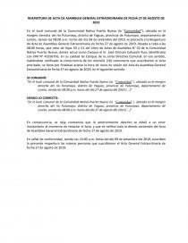 REAPERTURA DE ACTA DE ASAMBLEA GENERAL EXTRAORDINARIA DE FECHA 27 DE AGOSTO  DE 2019 - Trabajos - Milagros Burga